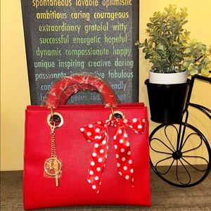 Badgley Mischka Red Tote with Gold Big Logo Eyelet